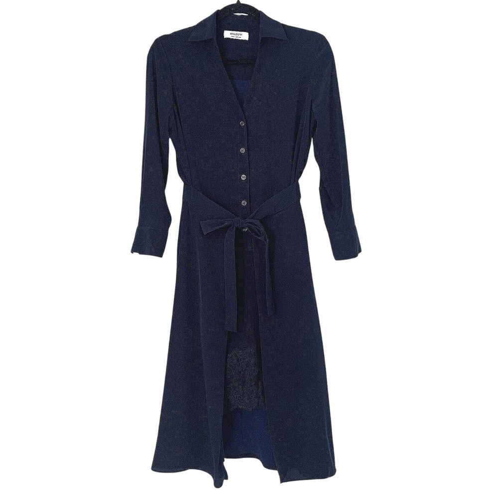 Bailey 44 Shirt Dress Womens XS Navy Blue Lace Trim Tie Waist Quiet Luxury USA